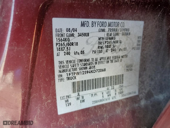 2004 Ford F-150 XLT with VIN 1FTPW12594KD72068, listed as a Copart auction lot 50498985 with 172,391 mi miles and Clean Title. Bid and sale history available at carsss.com. Image 12.