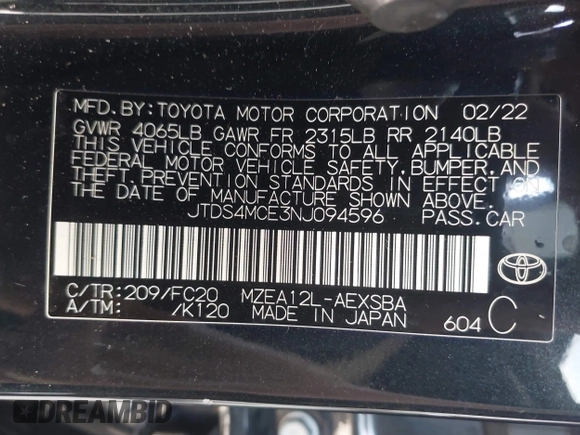 2022 Toyota Corolla SE with VIN JTDS4MCE3NJ094596, listed as a IAAI auction lot 42117369 with 92,045 mi miles and . Bid and sale history available at DreamBid. Image 9.