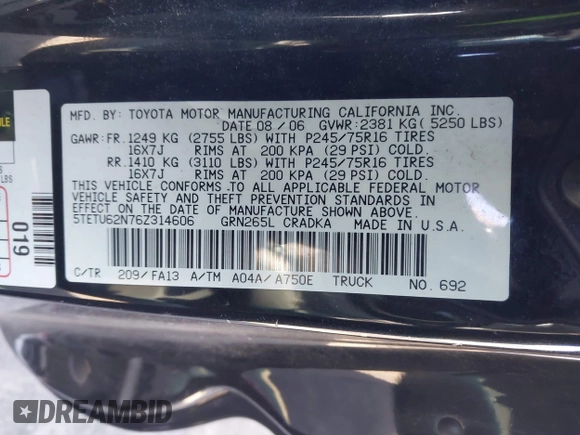 2006 Toyota Tacoma PreRunner z VIN 5TETU62N76Z314606, wystawiony jako IAAI lot #41647446 z przebiegiem 119 769 mil mil oraz . Historia ofert i sprzedaży dostępna na DreamBid. Obrazek 9.