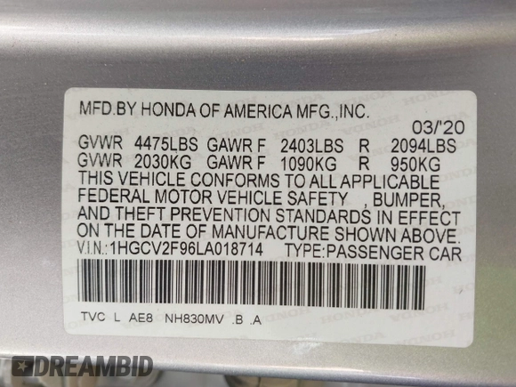 2020 Honda Accord Touring with VIN 1HGCV2F96LA018714, listed as a IAAI auction lot 42084295 with 74,861 mi miles and . Bid and sale history available at DreamBid. Image 9.