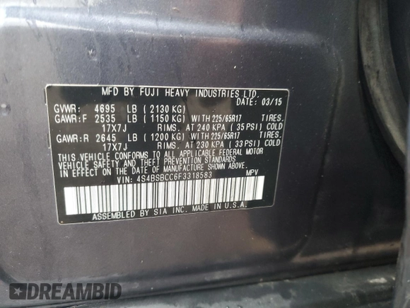 2015 Subaru Outback Premium z VIN 4S4BSBCC6F3318583, wystawiony jako Copart lot #57894855 z przebiegiem 89 669 mil mil oraz Szkoda całkowita • Salvage title. Historia ofert i sprzedaży dostępna na DreamBid. Obrazek 12.