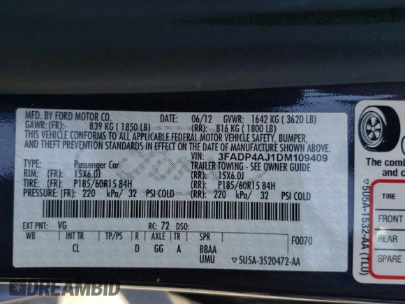 2013 Ford Fiesta S with VIN 3FADP4AJ1DM109409, listed as a Copart auction lot 57337635 with 48,994 mi miles and Salvage title. Bid and sale history available at DreamBid. Image 12.