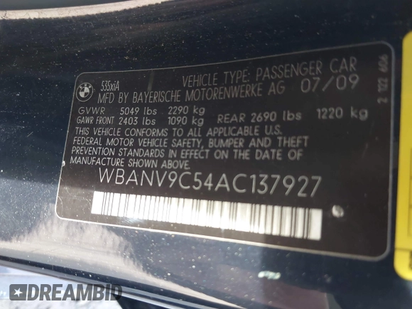 2010 BMW 5 Series 535i xDrive with VIN WBANV9C54AC137927, listed as a IAAI auction lot 41915084 with 183,537 mi miles. Bid and sale history available at carsss.com. Image 9.