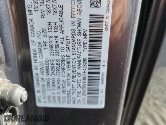 2020 Honda CR-V EX-L with VIN 2HKRW1H87LH428290, listed as a Copart auction lot 77001044 with 51,871 mi miles and Salvage Title. Bid and sale history available at carsss.com. Image 13.