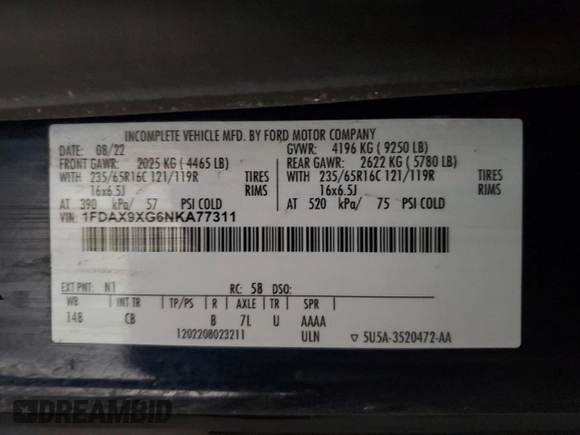 2022 Ford Transit with VIN 1FDAX9XG6NKA77311, listed as a Copart auction lot 45721065 with 94,100 mi miles and Salvage Title. Bid and sale history available at DreamBid. Image 13.