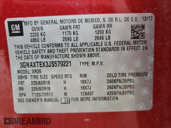 2018 Chevrolet Equinox LT with VIN 3GNAXTEX3JS579221, listed as a Copart auction lot 46586565 with 33,973 mi miles and Salvage Title. Bid and sale history available at carsss.com. Image 14.