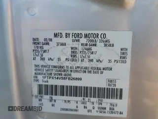 2008 Ford F-150 XLT with VIN 1FTPX14V58FB26899, listed as a Copart auction lot 65811065 with 365,446 mi miles and Salvage title. Bid and sale history available at DreamBid. Image 12.