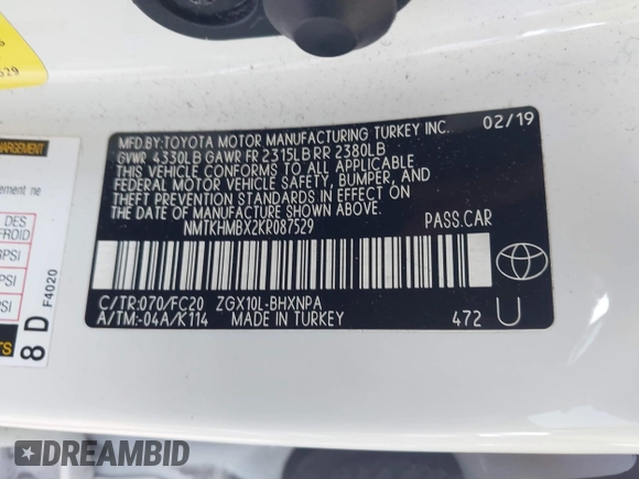 2019 Toyota C-HR XLE with VIN NMTKHMBX2KR087529, listed as a IAAI auction lot 42165493 with 130,053 mi miles and . Bid and sale history available at DreamBid. Image 9.