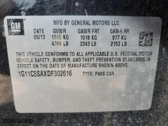 2013 Chevrolet Malibu LT with VIN 1G11C5SAXDF302616, listed as a Copart auction lot 52492545 with 250,251 mi miles and Clean Title. Bid and sale history available at carsss.com. Image 13.