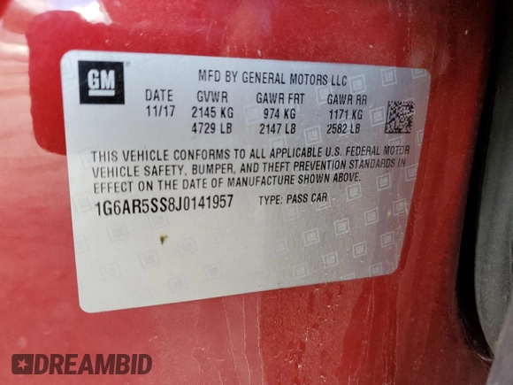 2018 Cadillac CTS Luxury RWD z VIN 1G6AR5SS8J0141957, wystawiony jako Copart lot #71400834 z przebiegiem Nie podano mil oraz Szkoda całkowita • Salvage title. Historia ofert i sprzedaży dostępna na DreamBid. Obrazek 12.