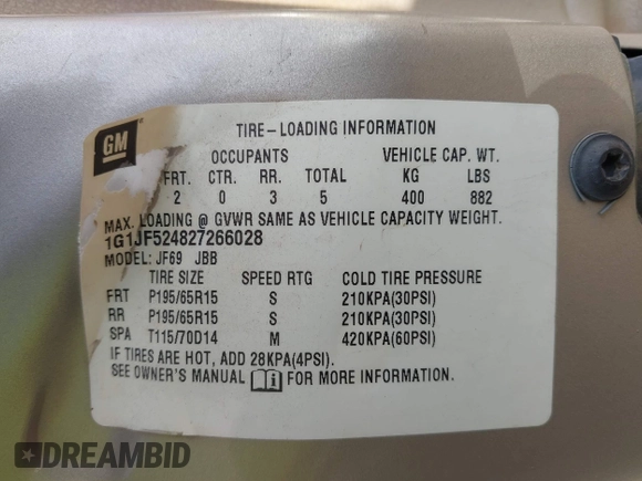 2002 Chevrolet Cavalier LS with VIN 1G1JF524827266028, listed as a IAAI auction lot 42655907 with Not provided miles and . Bid and sale history available at DreamBid. Image 9.