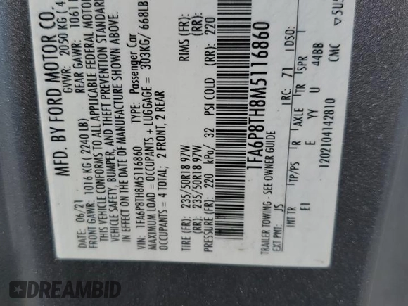 2021 Ford Mustang EcoBoost with VIN 1FA6P8TH8M5116860, listed as a Copart auction lot 59227495 with 66,207 mi miles and Salvage title. Bid and sale history available at DreamBid. Image 12.