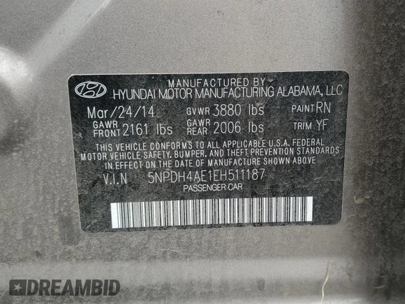 2014 Hyundai Elantra SE with VIN 5NPDH4AE1EH511187, listed as a Copart auction lot 80485734 with 121,115 mi miles and Salvage Title. Bid and sale history available at DreamBid. Image 14.