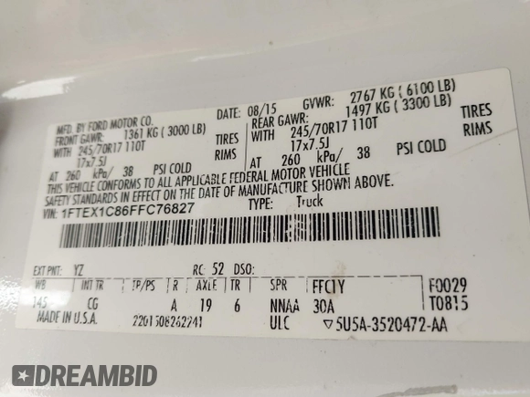 2015 Ford F-150 XL with VIN 1FTEX1C86FFC76827, listed as a IAAI auction lot 41481930 with 179,926 mi miles and . Bid and sale history available at DreamBid. Image 9.