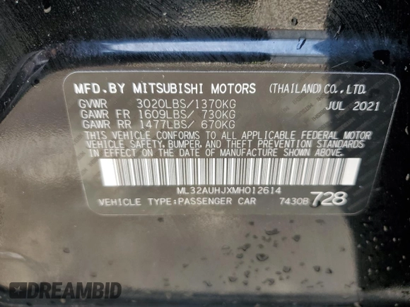 2021 Mitsubishi Mirage ES с VIN ML32AUHJXMH012614, выставлен на аукционе Copart как лот 60284465 с пробегом 8 446 миль миль и Списание • Salvage title. История ставок и продаж доступна на DreamBid. Изображение 12.