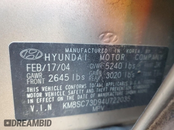 2004 Hyundai Santa Fe GLS with VIN KM8SC73D94U722035, listed as a Copart auction lot 74596014 with 122,920 mi miles and Salvage Title. Bid and sale history available at carsss.com. Image 13.
