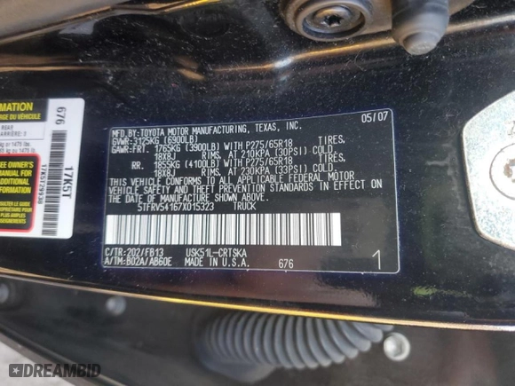 2007 Toyota Tundra SR5 with VIN 5TFRV54167X015323, listed as a Copart auction lot 46866355 with 154,367 mi miles and Salvage Title. Bid and sale history available at carsss.com. Image 14.