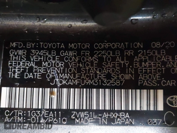 2021 Toyota Prius L Eco z VIN JTDKAMFU9M3132587, wystawiony jako IAAI lot #41637275 z przebiegiem 84 203 mil mil oraz . Historia ofert i sprzedaży dostępna na DreamBid. Obrazek 9.