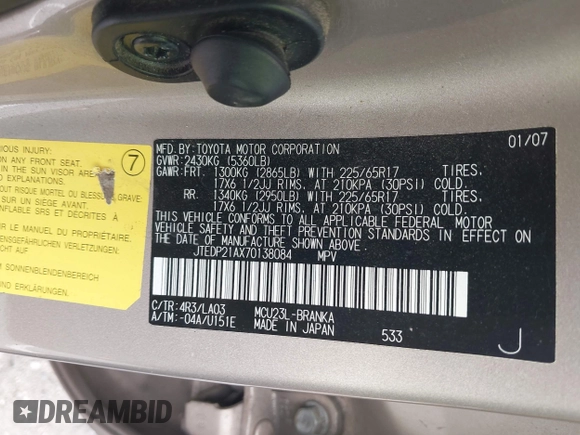 2007 Toyota Highlander w/3rd Row z VIN JTEDP21AX70138084, wystawiony jako IAAI lot #42054917 z przebiegiem 103 665 mil mil oraz . Historia ofert i sprzedaży dostępna na DreamBid. Obrazek 9.