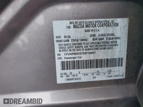 2007 Mazda 6 S Sport VE with VIN 1YVHP80D575M13667, listed as a Copart auction lot 80894484 with 188,180 mi miles and Salvage Title. Bid and sale history available at DreamBid. Image 12.