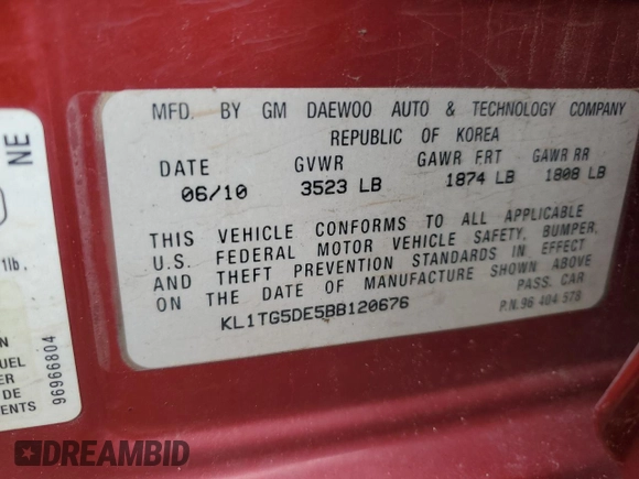 2011 Chevrolet Aveo 2LT with VIN KL1TG5DE5BB120676, listed as a Copart auction lot 55781815 with Not provided miles and Salvage title. Bid and sale history available at DreamBid. Image 13.