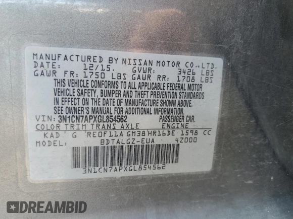 2016 Nissan Versa S with VIN 3N1CN7APXGL854562, listed as a Copart auction lot 60080515 with 156,360 mi miles and Salvage title. Bid and sale history available at DreamBid. Image 12.