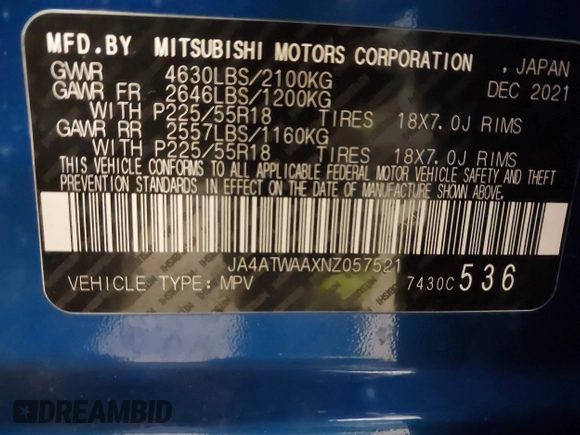 2022 Mitsubishi Eclipse Cross SE z VIN JA4ATWAAXNZ057521, wystawiony jako IAAI lot #41359901 z przebiegiem 60 227 mil mil oraz . Historia ofert i sprzedaży dostępna na DreamBid. Obrazek 9.