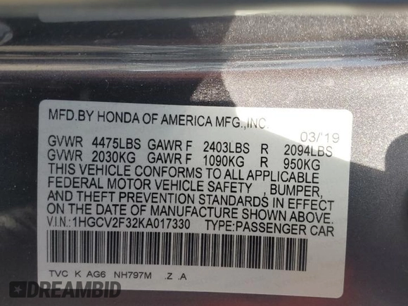 2019 Honda Accord Sport with VIN 1HGCV2F32KA017330, listed as a Copart auction lot 55068015 with 75,016 mi miles and Salvage title. Bid and sale history available at DreamBid. Image 13.