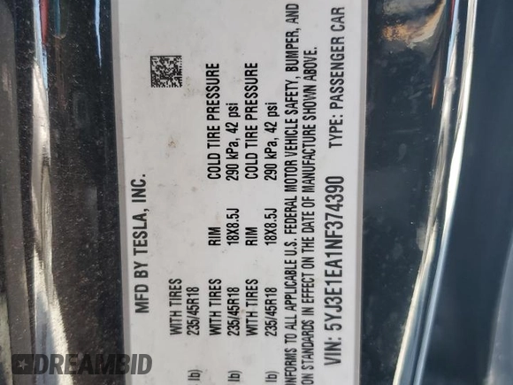 2022 Tesla Model 3 with VIN 5YJ3E1EA1NF374390, listed as a Copart auction lot 52709455 with 44,212 mi miles and Non Repairable. Bid and sale history available at carsss.com. Image 12.