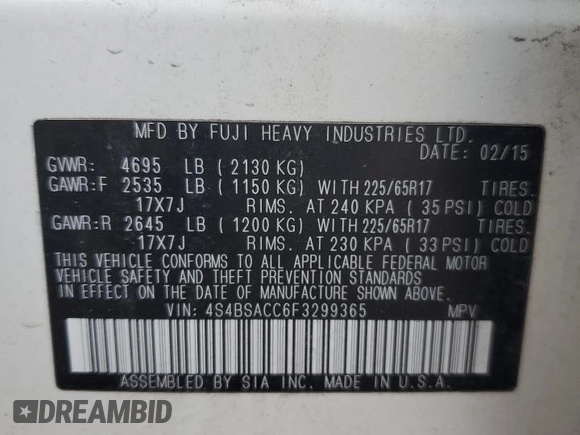 2015 Subaru Outback Premium z VIN 4S4BSACC6F3299365, wystawiony jako Copart lot #58938565 z przebiegiem 126 636 mil mil oraz Szkoda całkowita • Salvage title. Historia ofert i sprzedaży dostępna na DreamBid. Obrazek 12.