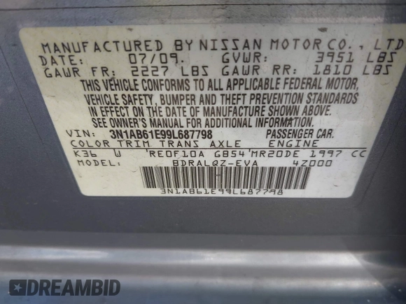 2009 Nissan Sentra FE+ with VIN 3N1AB61E99L687798, listed as a IAAI auction lot 41938571 with 225,514 mi miles and . Bid and sale history available at DreamBid. Image 9.