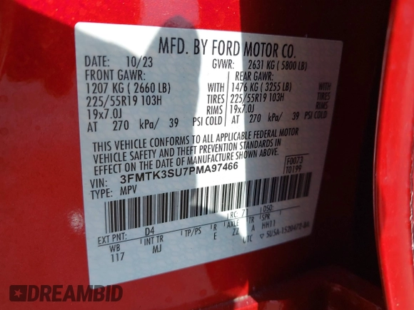 2023 Ford Mustang Mach-E Premium with VIN 3FMTK3SU7PMA97466, listed as a IAAI auction lot 42042779 with 11,016 mi miles and . Bid and sale history available at DreamBid. Image 9.