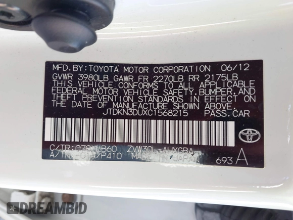 2012 Toyota Prius One with VIN JTDKN3DUXC1568215, listed as a IAAI auction lot 42058528 with 121,488 mi miles and . Bid and sale history available at DreamBid. Image 9.