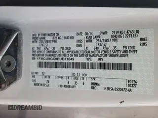 2014 Ford Escape SE with VIN 1FMCU9GX9EUE31649, listed as a Copart auction lot 53612065 with 57,162 mi miles and Clean title. Bid and sale history available at DreamBid. Image 14.