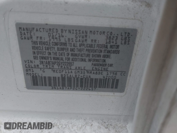 2016 Nissan Sentra S with VIN 3N1AB7AP2GY222657, listed as a IAAI auction lot 41493191 with 116,982 mi miles and . Bid and sale history available at DreamBid. Image 9.