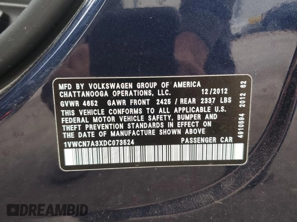 2013 Volkswagen Passat SEL Premium z VIN 1VWCN7A3XDC073524, wystawiony jako Copart lot #46759305 z przebiegiem 118 780 mil mil oraz Szkoda całkowita • Salvage title. Historia ofert i sprzedaży dostępna na DreamBid. Obrazek 14.