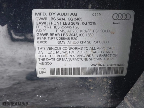 2019 Audi Q5 Premium Plus with VIN WA1BNAFY5K2094343, listed as a IAAI auction lot 41619628 with 64,613 mi miles. Bid and sale history available at carsss.com. Image 9.
