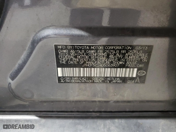 2013 Lexus IS 250 with VIN JTHCF5C24D5063907, listed as a Copart auction lot 46672525 with 133,701 mi miles and Salvage Title. Bid and sale history available at carsss.com. Image 12.