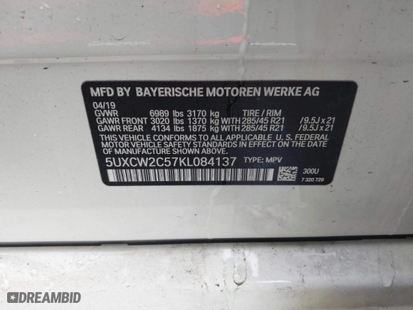 2019 BMW X7 xDrive40i with VIN 5UXCW2C57KL084137, listed as a IAAI auction lot 41662958 with 34,751 mi miles. Bid and sale history available at carsss.com. Image 9.