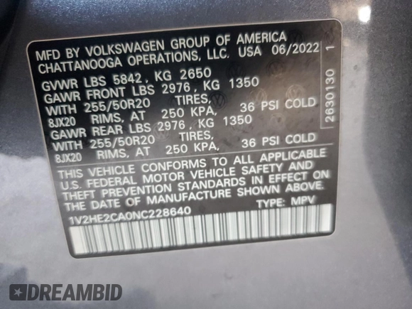 2022 Volkswagen Atlas SE with VIN 1V2HE2CA0NC228640, listed as a Copart auction lot 53285105 with 56,017 mi miles and Salvage title. Bid and sale history available at DreamBid. Image 14.