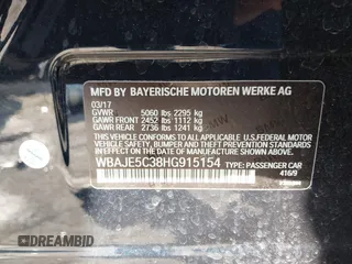 2017 BMW 5 Series 540i with VIN WBAJE5C38HG915154, listed as a IAAI auction lot 41572287 with 87,549 mi miles and . Bid and sale history available at carsss.com. Image 9.