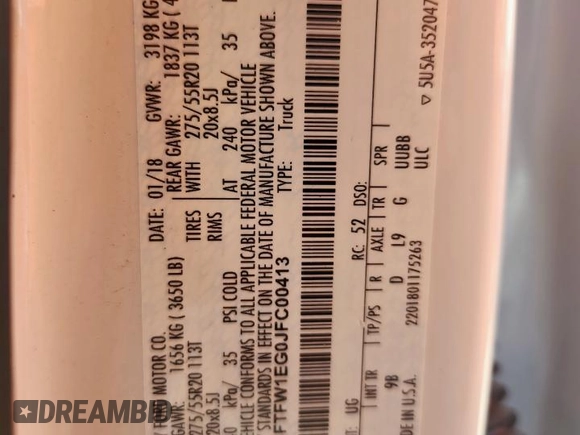 2018 Ford F-150 XL with VIN 1FTFW1EG0JFC00413, listed as a Copart auction lot 63479205 with 204,400 mi miles and Salvage title. Bid and sale history available at DreamBid. Image 12.