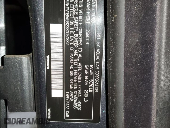 2008 Volvo V70 with VIN YV1BW982381051882, listed as a Copart auction lot 41446635 with 173,637 mi miles and Salvage Title. Bid and sale history available at DreamBid. Image 13.