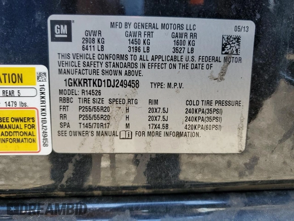 2013 GMC Acadia Denali z VIN 1GKKRTKD1DJ249458, wystawiony jako Copart lot #54973335 z przebiegiem 138 004 mil mil oraz Szkoda całkowita • Salvage title. Historia ofert i sprzedaży dostępna na DreamBid. Obrazek 14.