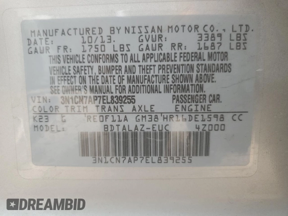 2014 Nissan Versa SV with VIN 3N1CN7AP7EL839255, listed as a Copart auction lot 49420085 with 40,790 mi miles and Salvage Title. Bid and sale history available at carsss.com. Image 13.
