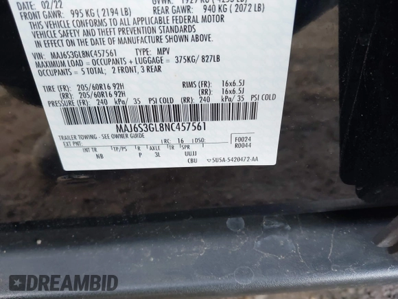 2022 Ford EcoSport SE with VIN MAJ6S3GL8NC457561, listed as a IAAI auction lot 41534907 with 24,251 mi miles and . Bid and sale history available at DreamBid. Image 9.