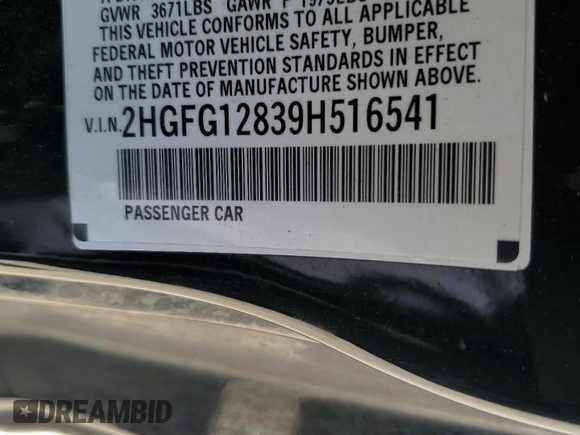2009 Honda Civic EX with VIN 2HGFG12839H516541, listed as a Copart auction lot 53750275 with Not Provided miles and Salvage Title. Bid and sale history available at DreamBid. Image 13.