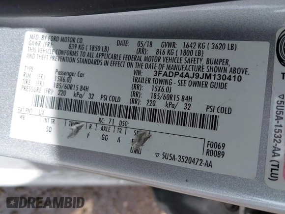 2018 Ford Fiesta S with VIN 3FADP4AJ9JM130410, listed as a IAAI auction lot 42113203 with 46,411 mi miles and . Bid and sale history available at DreamBid. Image 9.