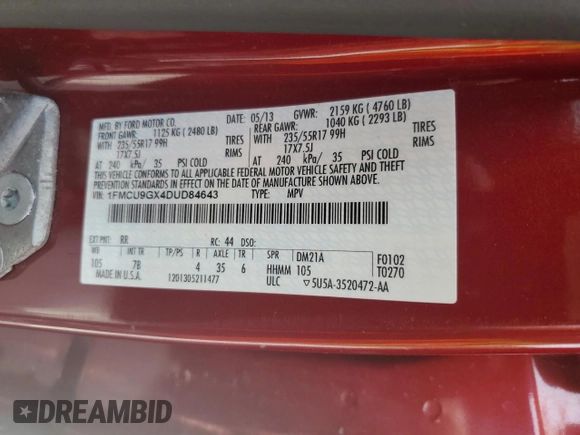 2013 Ford Escape SE с VIN 1FMCU9GX4DUD84643, выставлен на аукционе Copart как лот 61930215 с пробегом 197 193 миль миль и Списание • Salvage title. История ставок и продаж доступна на DreamBid. Изображение 14.