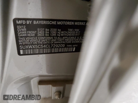 2012 BMW X3 28i with VIN 5UXWX5C54CL729209, listed as a Copart auction lot 53850865 with 134,395 mi miles and Clean Title. Bid and sale history available at DreamBid. Image 13.